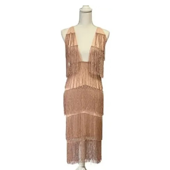 ASOS Fringe Midi Dress Blush Pink Gatsby Flapper 20s Inspired Party Cocktail 6 - Picture 2 of 7